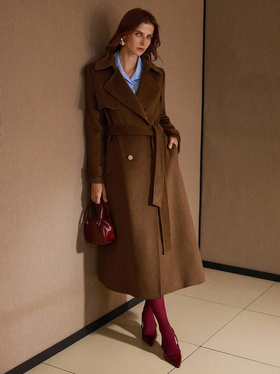 PREMIUM WOOL SOLID LAPEL COLLAR DOUBLE BREASTED PLACKET BELTED OVERCOAT