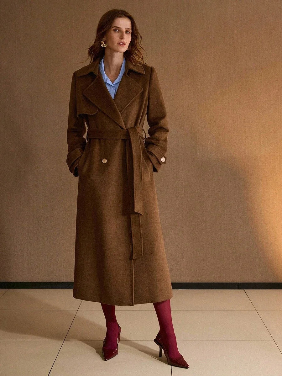 PREMIUM WOOL SOLID LAPEL COLLAR DOUBLE BREASTED PLACKET BELTED OVERCOAT