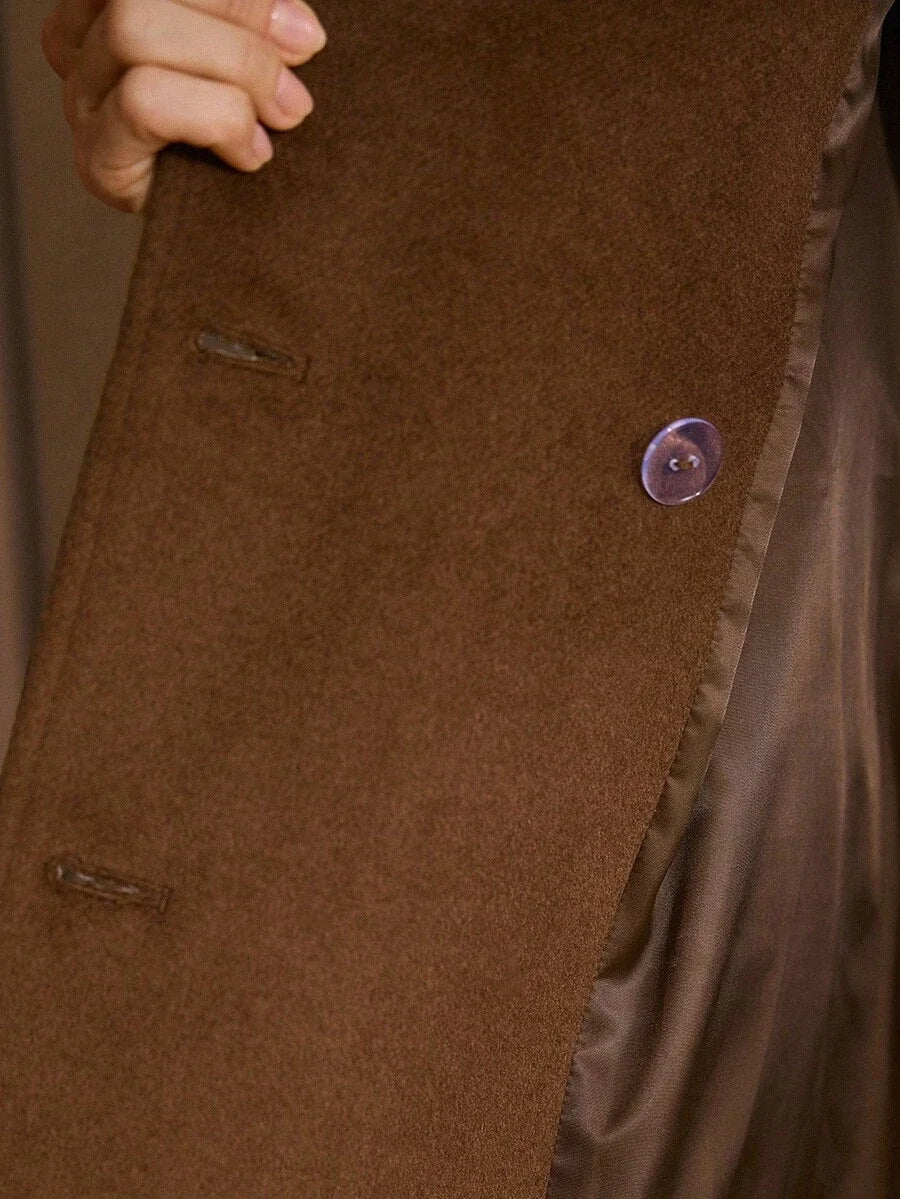 PREMIUM WOOL SOLID LAPEL COLLAR DOUBLE BREASTED PLACKET BELTED OVERCOAT