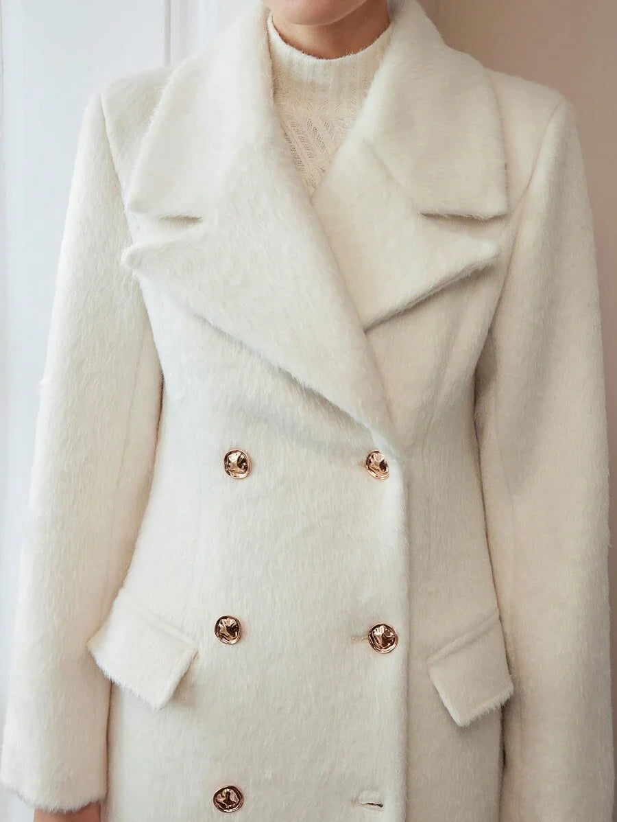 PREMIUM WOOL SOLID LAPEL COLLAR PEA OVERCOAT