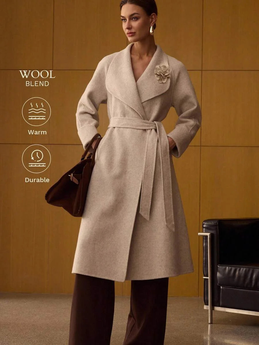 PREMIUM WOOL WATERFALL COLLAR BELTED OVERCOAT
