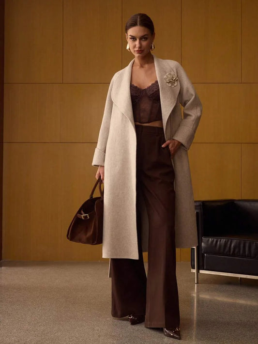 PREMIUM WOOL WATERFALL COLLAR BELTED OVERCOAT