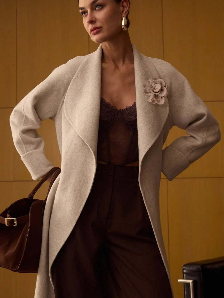 PREMIUM WOOL WATERFALL COLLAR BELTED OVERCOAT