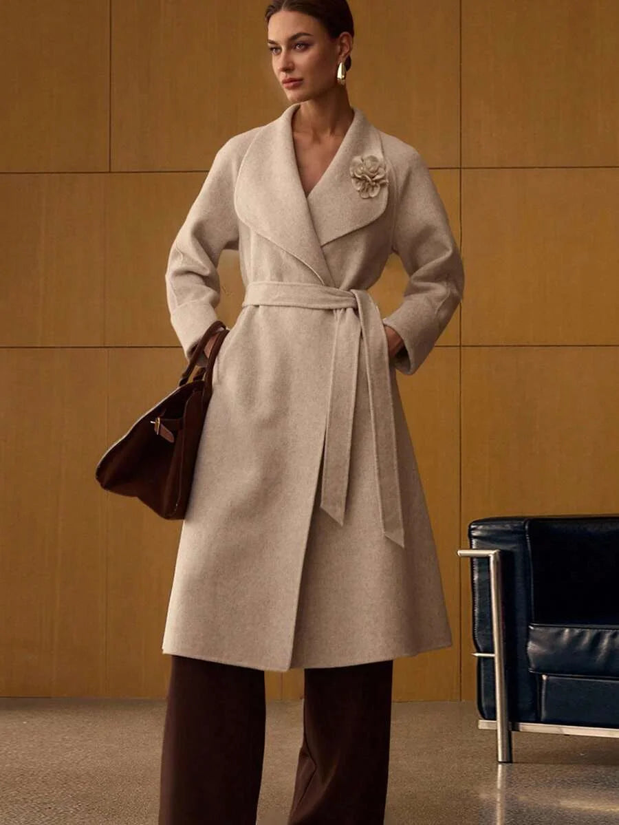 PREMIUM WOOL WATERFALL COLLAR BELTED OVERCOAT