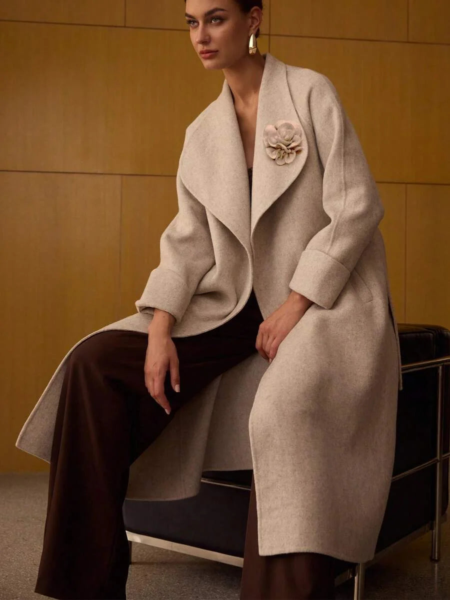 PREMIUM WOOL WATERFALL COLLAR BELTED OVERCOAT