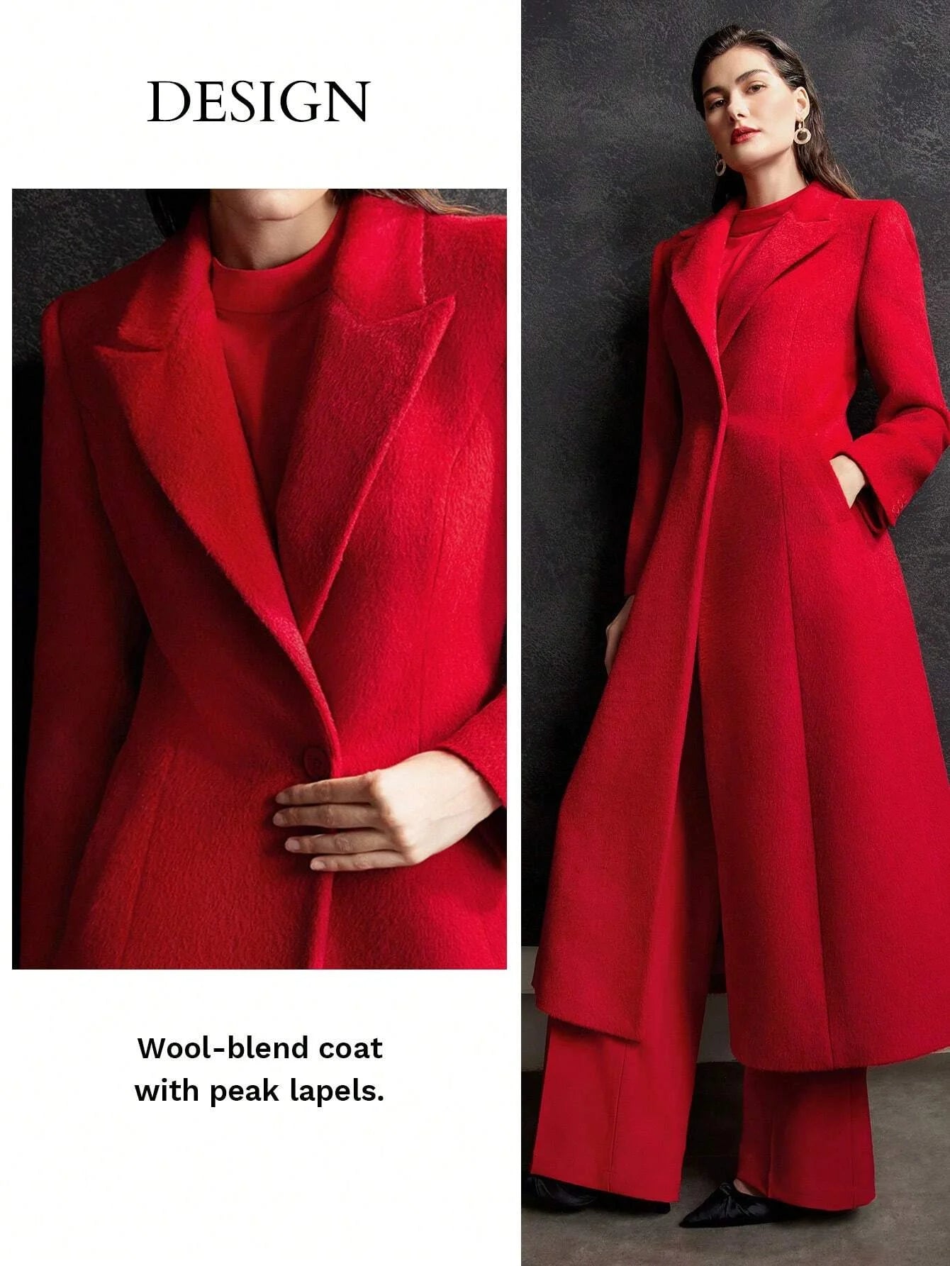 PREMIUM WOOLBLEND ALINE COATLADIES WINTER ELEGANTPARTY POCKET REGULAR SLEEVE LAPEL REGULAR FIT RED