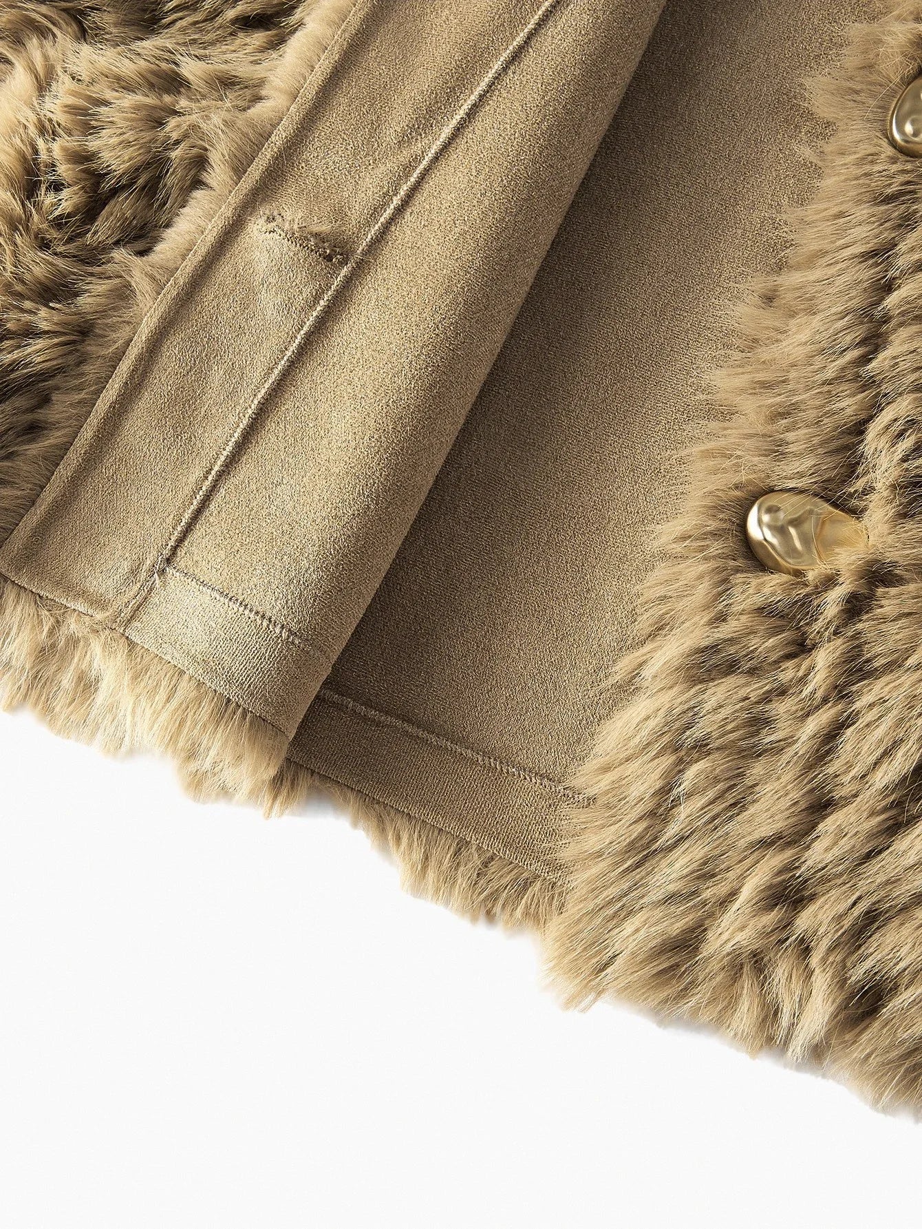 PREMIUM WOOLLIKE FABRIC SOLID FAUX FUR METAL BUTTON PLACKET COAT