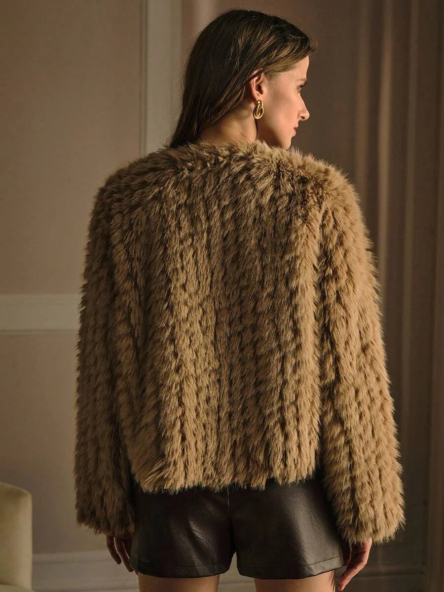 PREMIUM WOOLLIKE FABRIC SOLID FAUX FUR METAL BUTTON PLACKET COAT