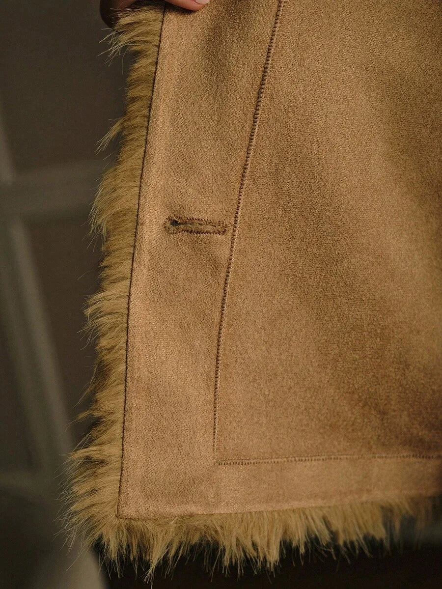 PREMIUM WOOLLIKE FABRIC SOLID FAUX FUR METAL BUTTON PLACKET COAT