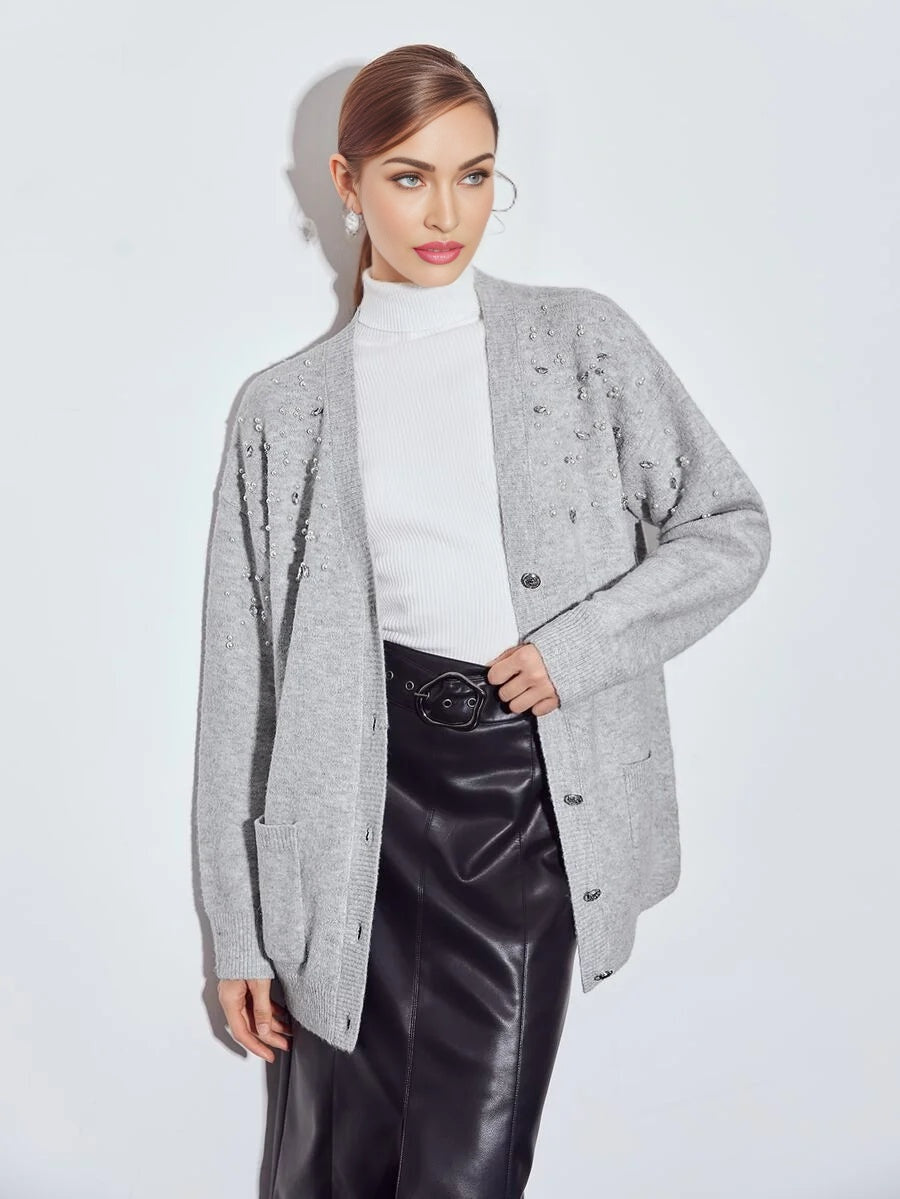 PREMIUM WOOLMIX PEARLS EMBELLISHED CARDIGAN