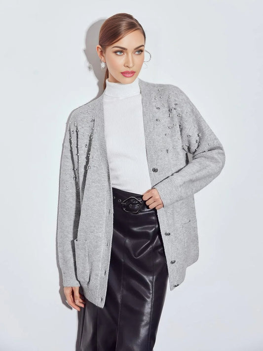 PREMIUM WOOLMIX PEARLS EMBELLISHED CARDIGAN
