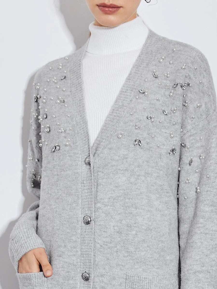 PREMIUM WOOLMIX PEARLS EMBELLISHED CARDIGAN