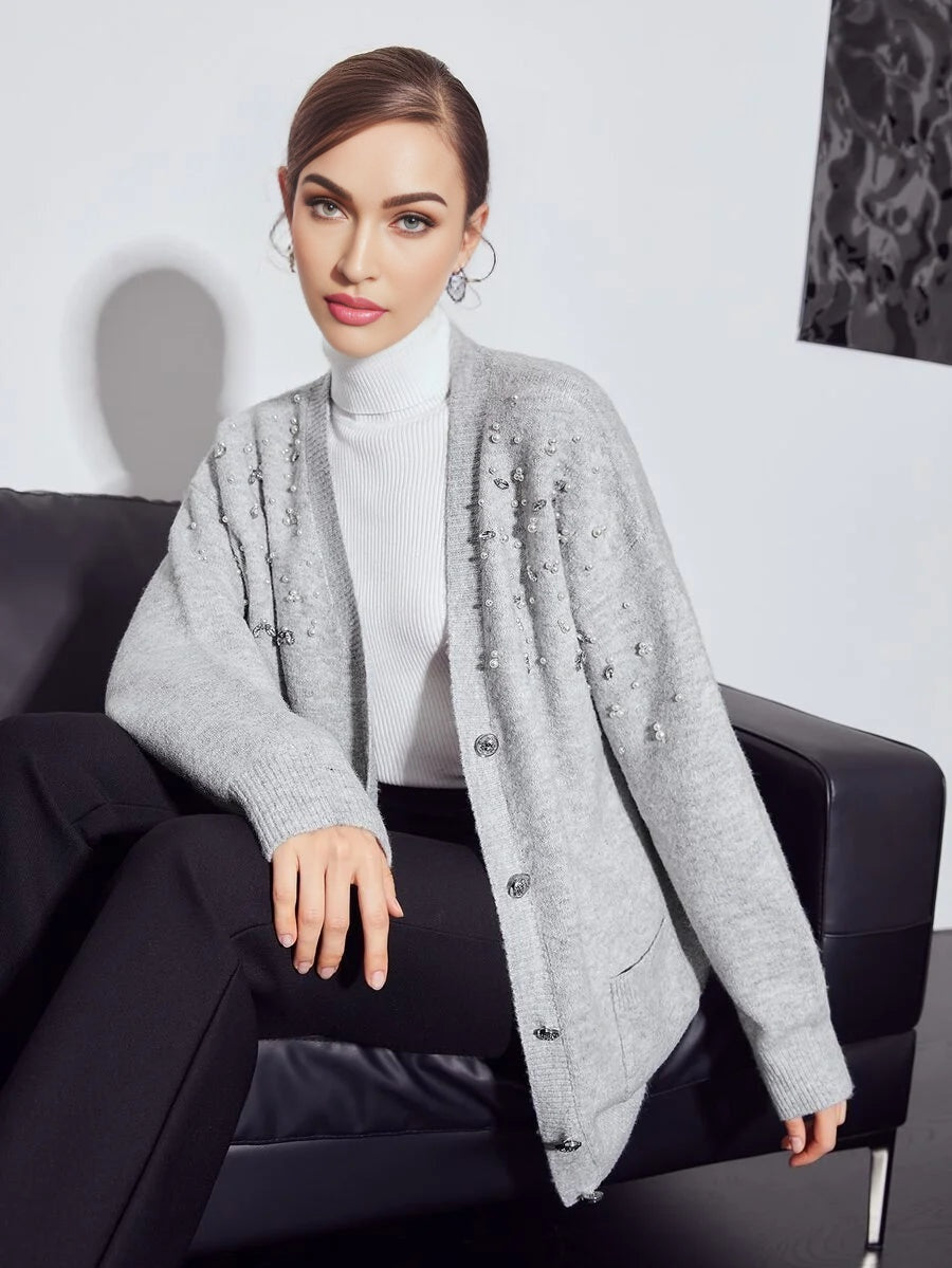 PREMIUM WOOLMIX PEARLS EMBELLISHED CARDIGAN