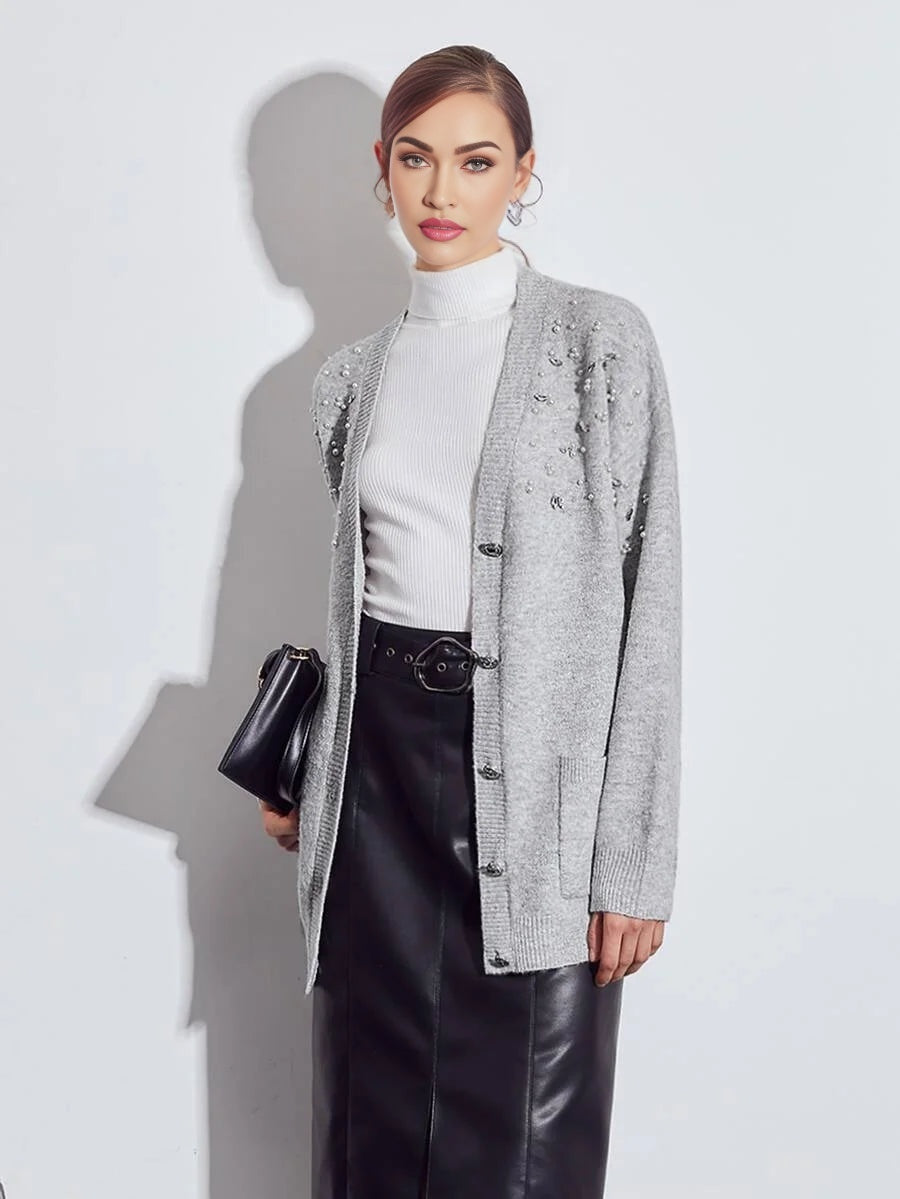 PREMIUM WOOLMIX PEARLS EMBELLISHED CARDIGAN
