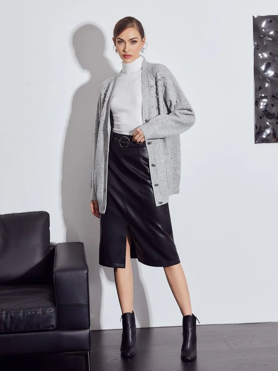 PREMIUM WOOLMIX PEARLS EMBELLISHED CARDIGAN