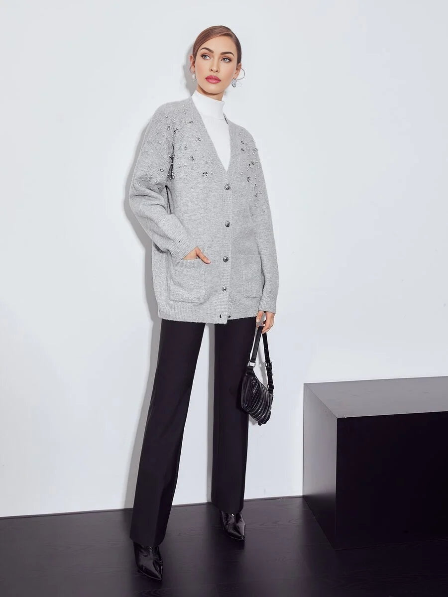 PREMIUM WOOLMIX PEARLS EMBELLISHED CARDIGAN