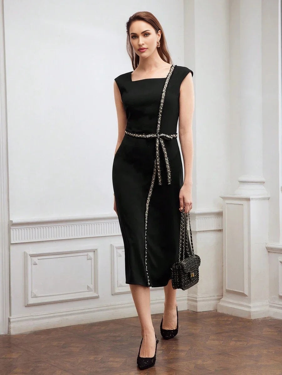 PREMIUM WOVEN CONTRAST TAPE DRESSSUMMER OUTFITS