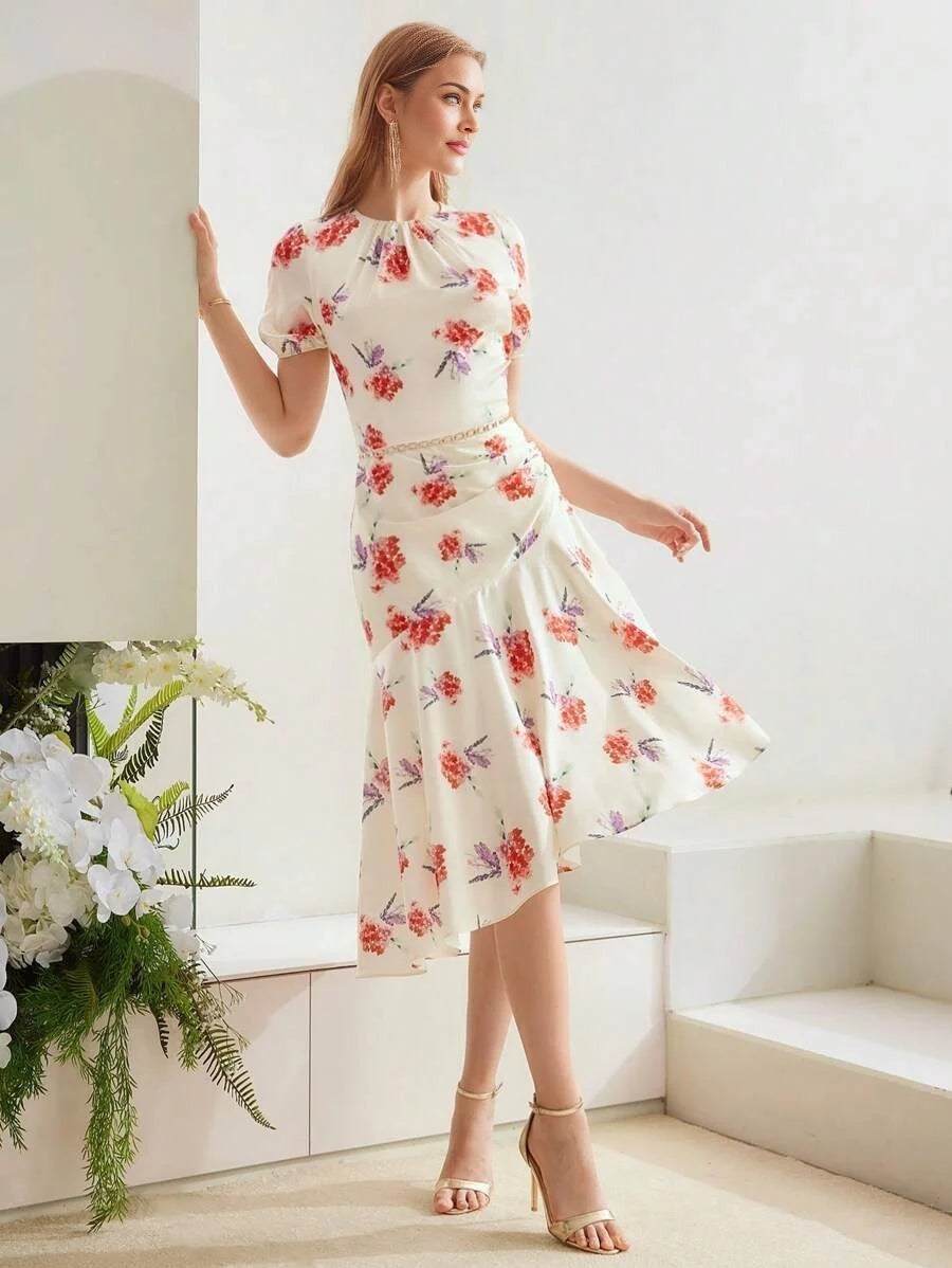 PREMIUM WOVEN DRAPED FLORAL PRINT DRESS