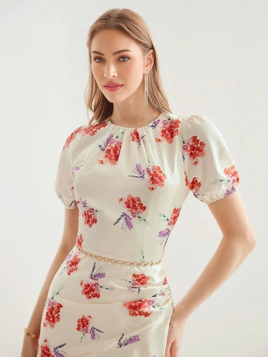 PREMIUM WOVEN DRAPED FLORAL PRINT DRESS