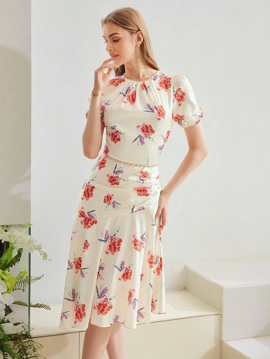 PREMIUM WOVEN DRAPED FLORAL PRINT DRESS