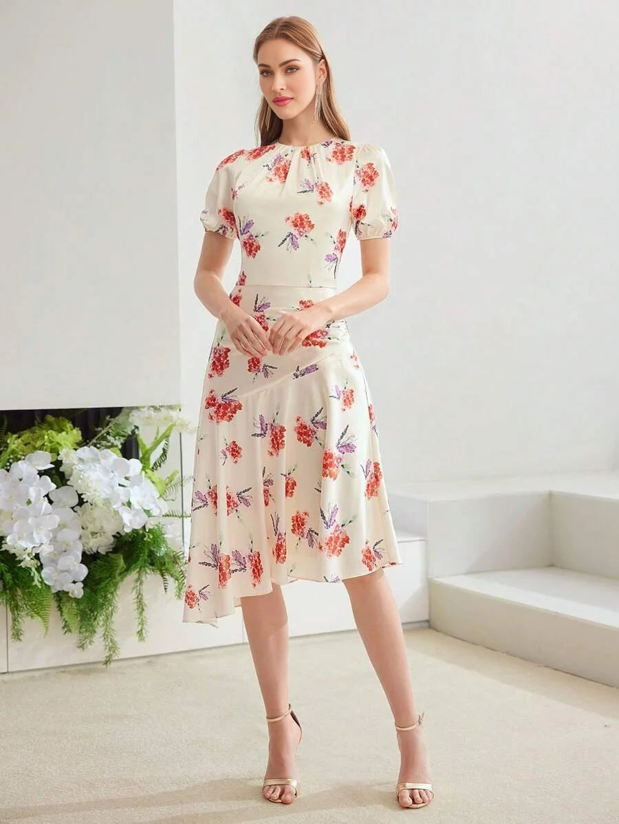 PREMIUM WOVEN DRAPED FLORAL PRINT DRESS