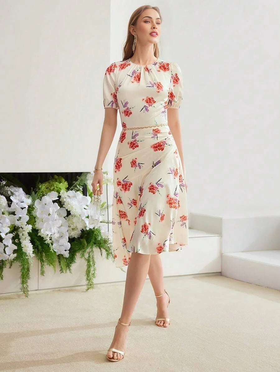 PREMIUM WOVEN DRAPED FLORAL PRINT DRESS