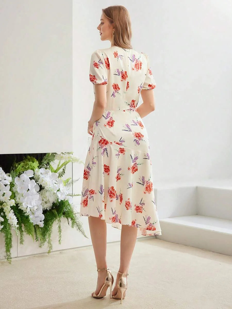 PREMIUM WOVEN DRAPED FLORAL PRINT DRESS