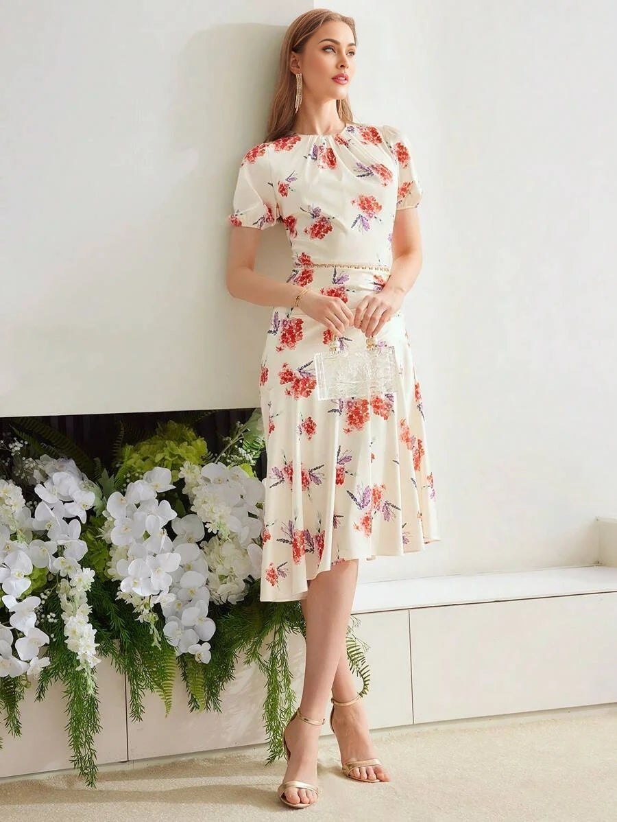 PREMIUM WOVEN DRAPED FLORAL PRINT DRESS