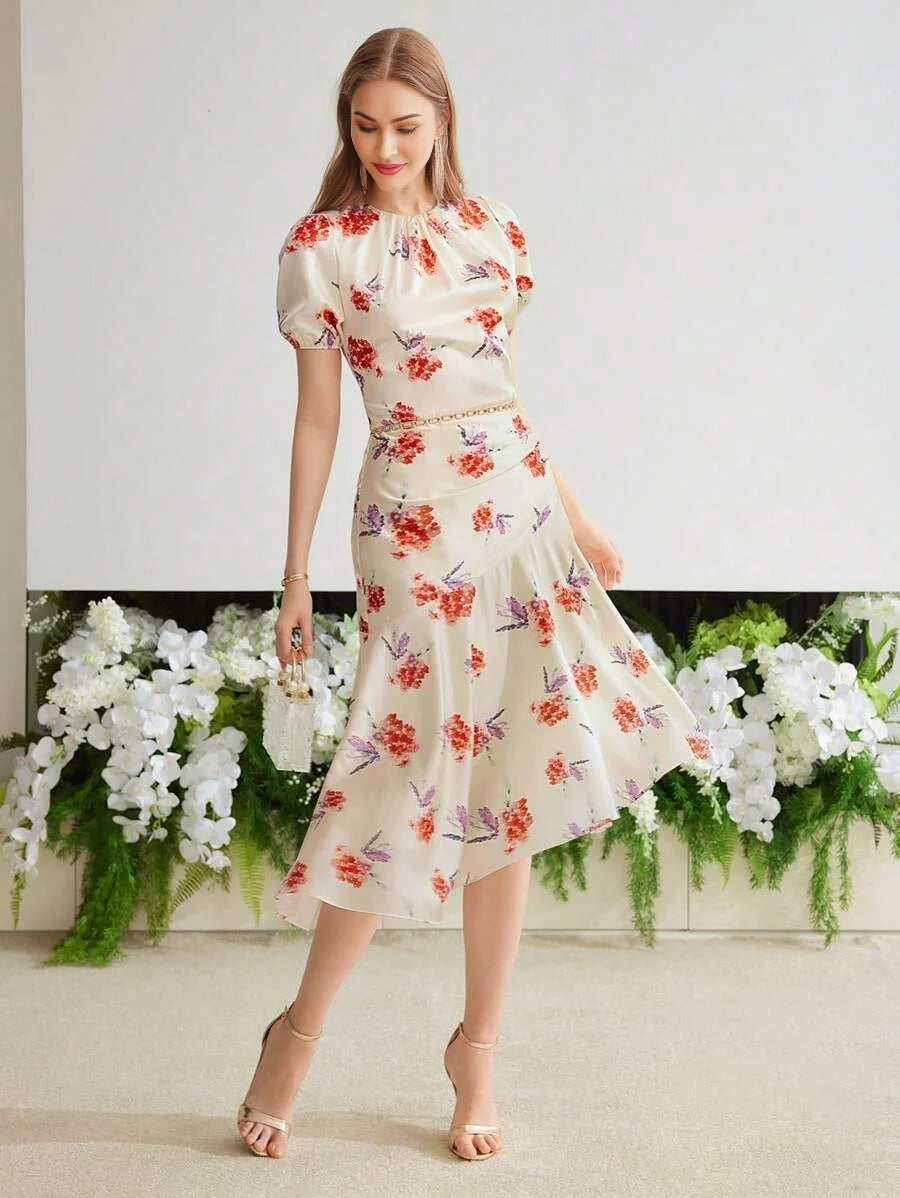 PREMIUM WOVEN DRAPED FLORAL PRINT DRESS