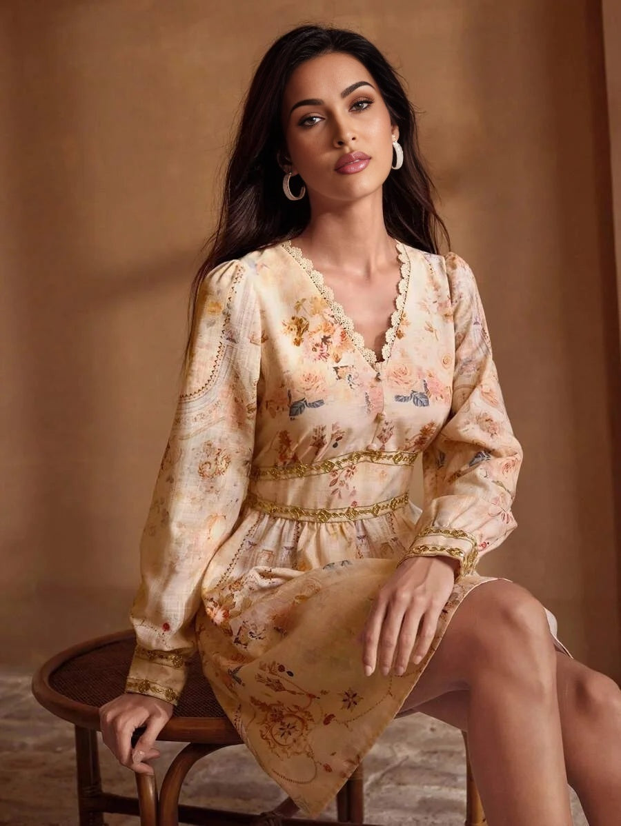 PREMIUM WOVEN FLORAL PRINT VNECK DRESS WITH GOLDEN LACE TRIM ELEGANT CASUAL VACATION EVERYDAY DRESS