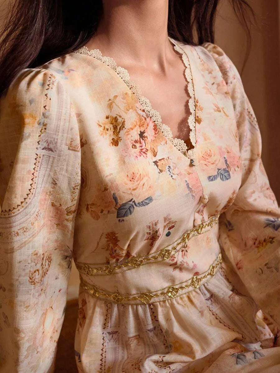 PREMIUM WOVEN FLORAL PRINT VNECK DRESS WITH GOLDEN LACE TRIM ELEGANT CASUAL VACATION EVERYDAY DRESS