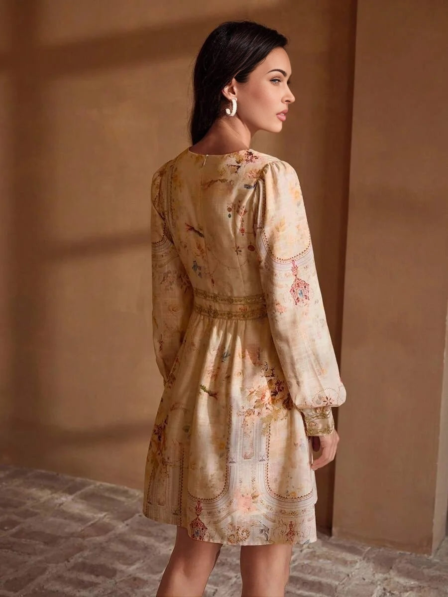 PREMIUM WOVEN FLORAL PRINT VNECK DRESS WITH GOLDEN LACE TRIM ELEGANT CASUAL VACATION EVERYDAY DRESS