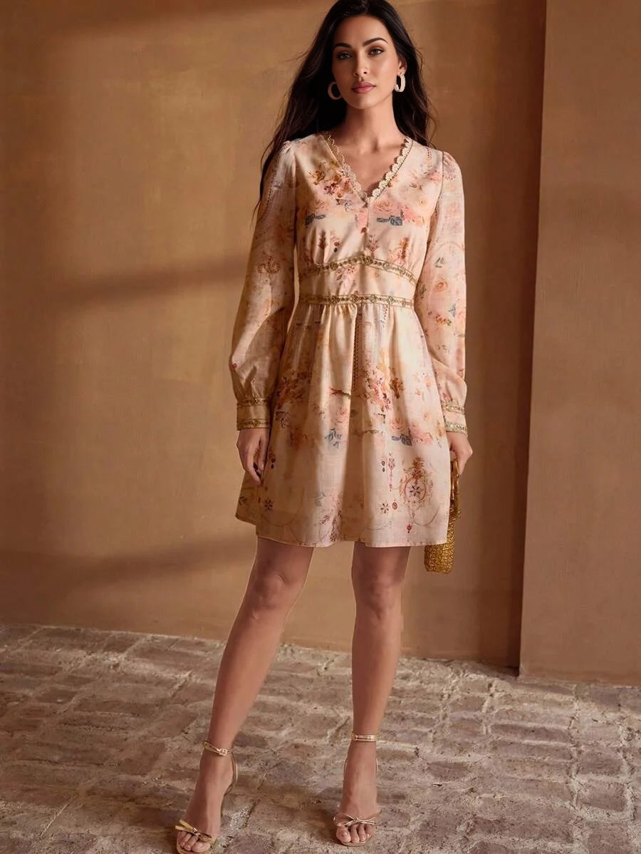 PREMIUM WOVEN FLORAL PRINT VNECK DRESS WITH GOLDEN LACE TRIM ELEGANT CASUAL VACATION EVERYDAY DRESS