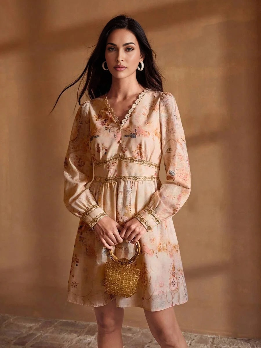 PREMIUM WOVEN FLORAL PRINT VNECK DRESS WITH GOLDEN LACE TRIM ELEGANT CASUAL VACATION EVERYDAY DRESS