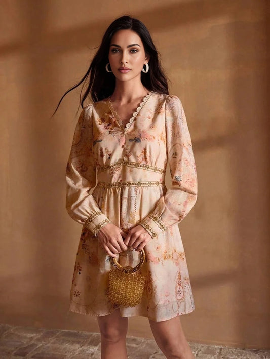 PREMIUM WOVEN FLORAL PRINT VNECK DRESS WITH GOLDEN LACE TRIM ELEGANT CASUAL VACATION EVERYDAY DRESS