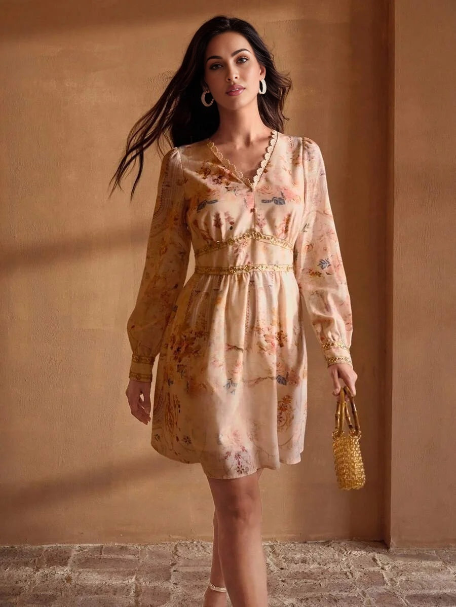 PREMIUM WOVEN FLORAL PRINT VNECK DRESS WITH GOLDEN LACE TRIM ELEGANT CASUAL VACATION EVERYDAY DRESS