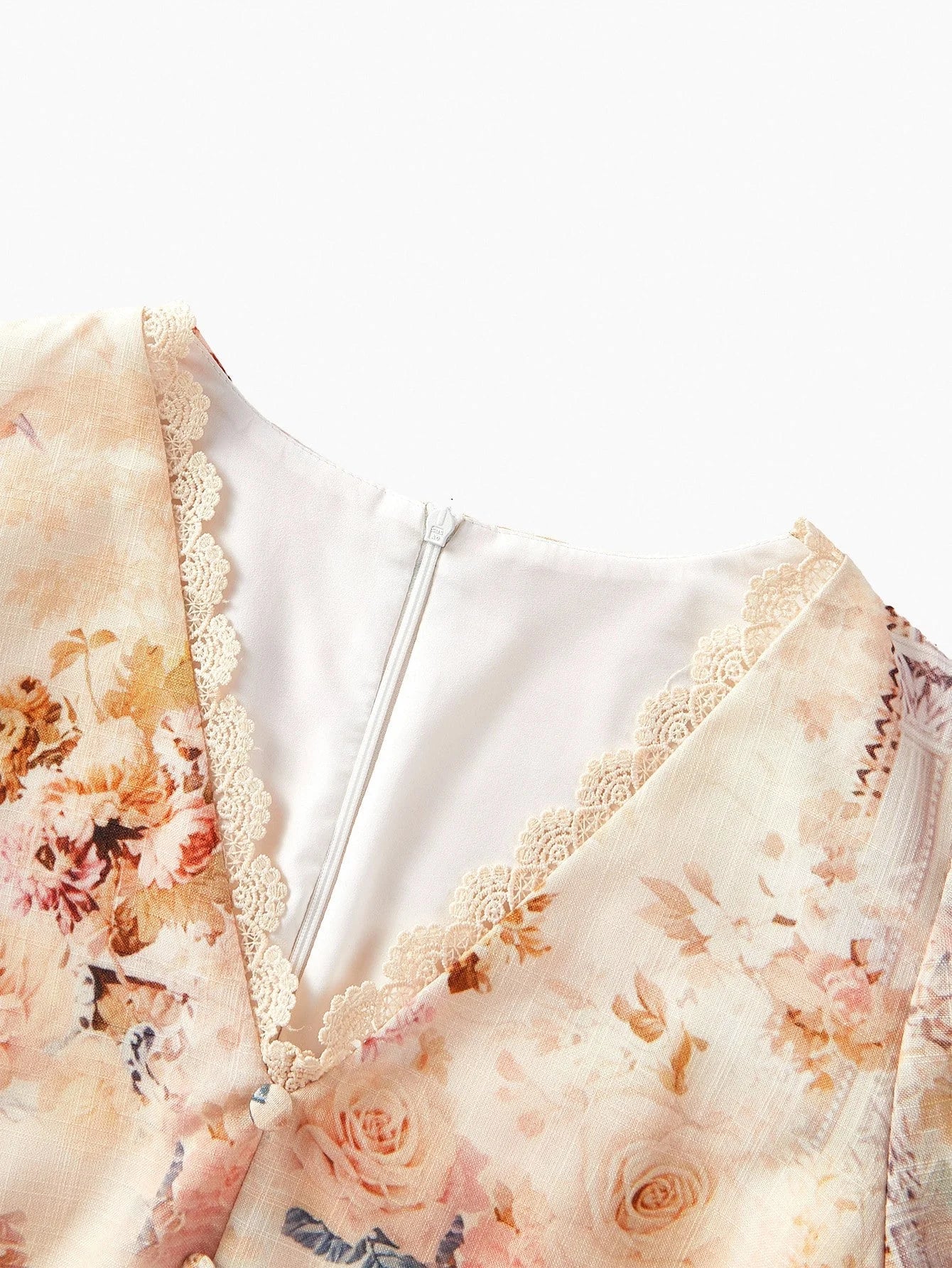 PREMIUM WOVEN FLORAL PRINT VNECK DRESS WITH GOLDEN LACE TRIM ELEGANT CASUAL VACATION EVERYDAY DRESS