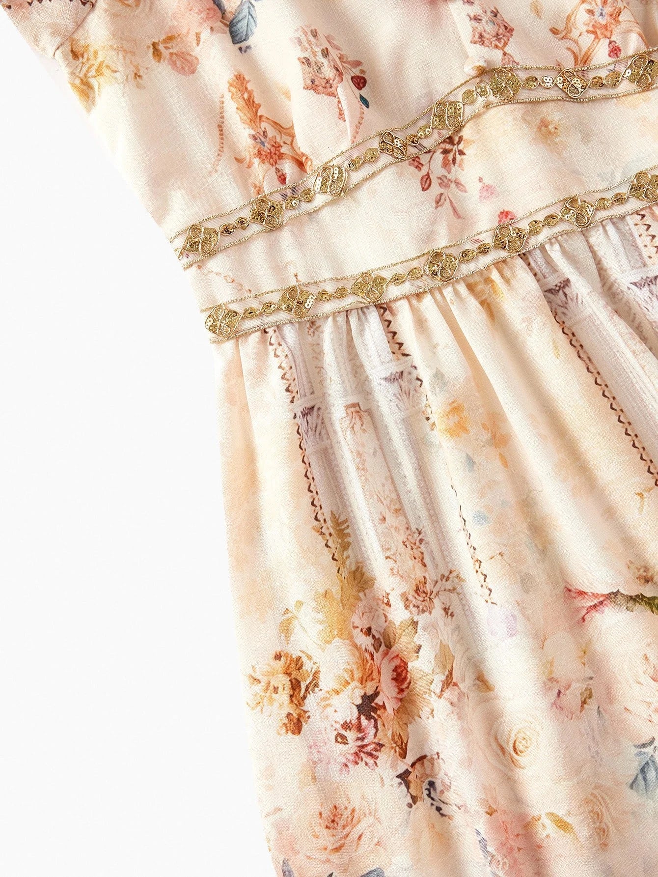 PREMIUM WOVEN FLORAL PRINT VNECK DRESS WITH GOLDEN LACE TRIM ELEGANT CASUAL VACATION EVERYDAY DRESS