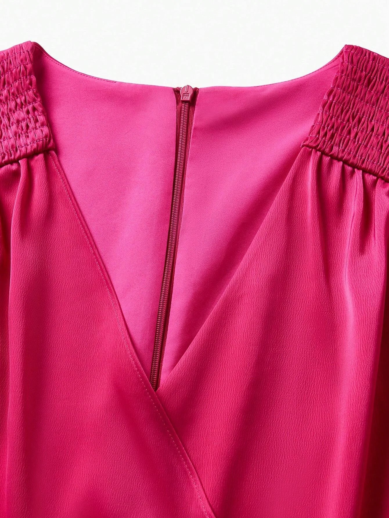 PREMIUM WOVEN SURPLICE NECK RUFFLE TRIM DRESS FOR WOMEN