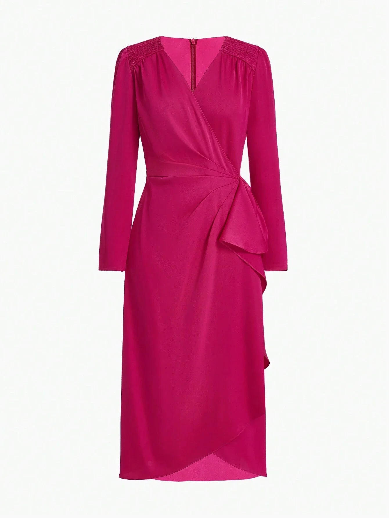 PREMIUM WOVEN SURPLICE NECK RUFFLE TRIM DRESS FOR WOMEN