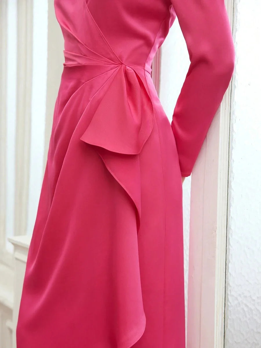 PREMIUM WOVEN SURPLICE NECK RUFFLE TRIM DRESS FOR WOMEN