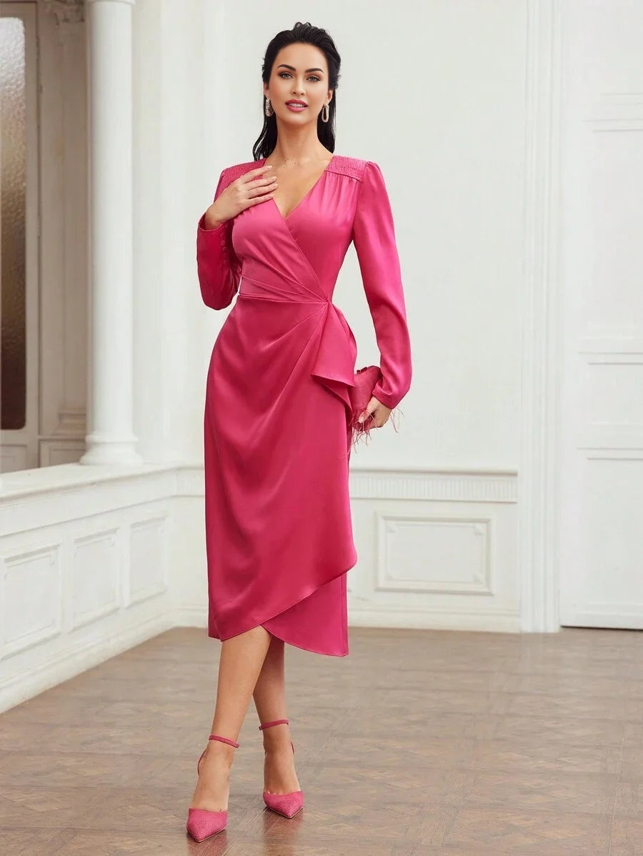 PREMIUM WOVEN SURPLICE NECK RUFFLE TRIM DRESS FOR WOMEN