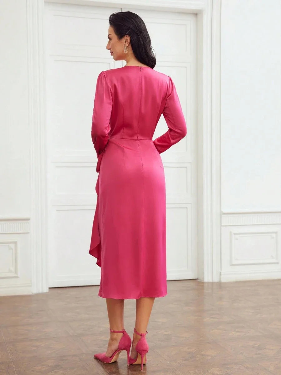 PREMIUM WOVEN SURPLICE NECK RUFFLE TRIM DRESS FOR WOMEN