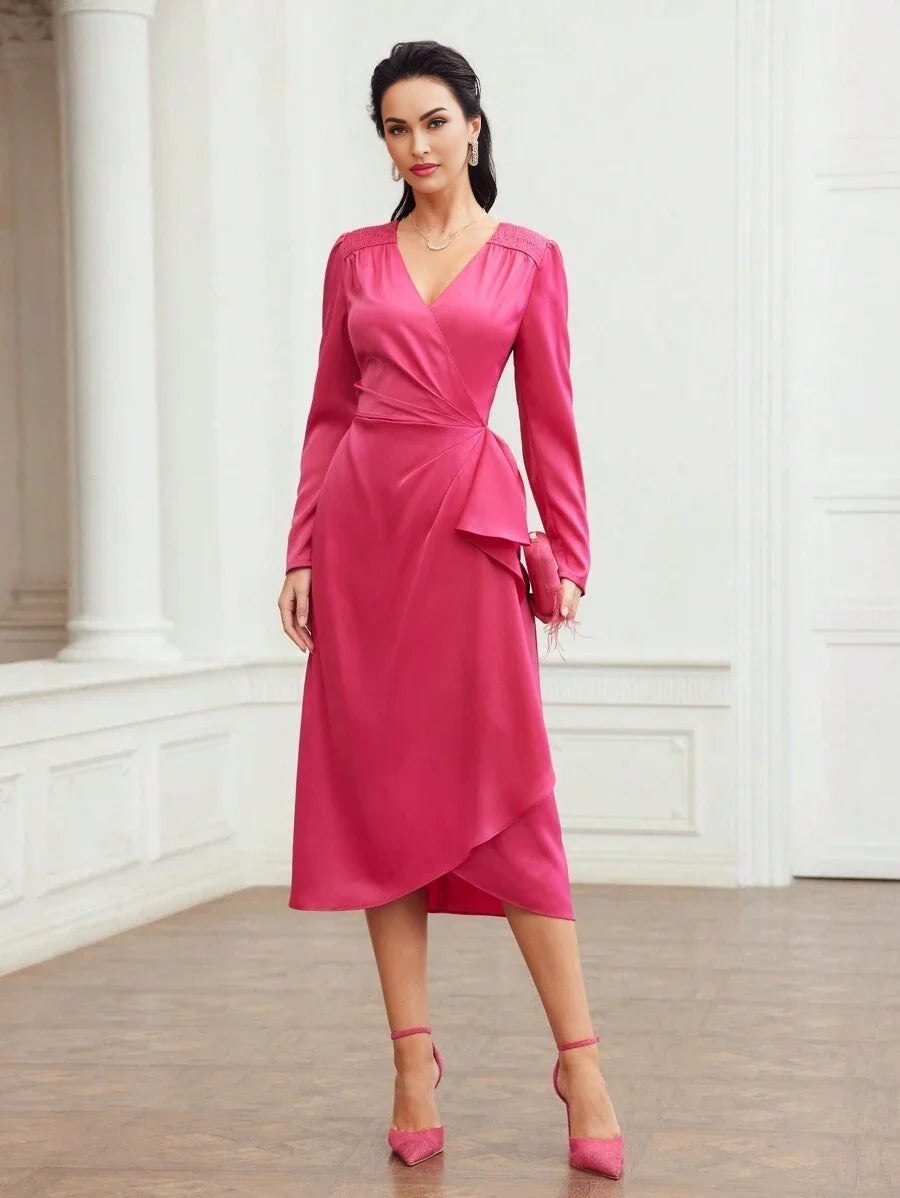 PREMIUM WOVEN SURPLICE NECK RUFFLE TRIM DRESS FOR WOMEN