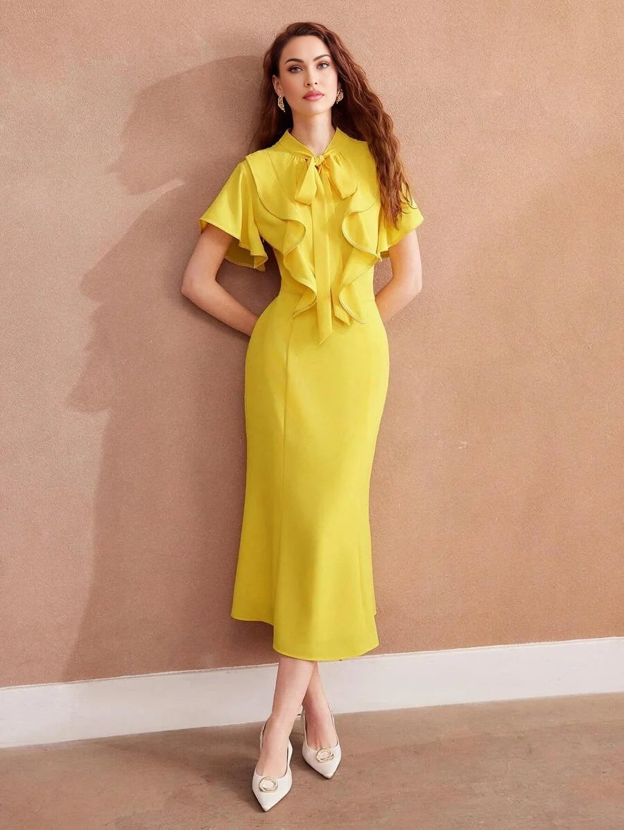 PREMIUM WOVEN TIE NECK RUFFLE TRIM DRESS FOR WOMENSUMMER OUTFITS