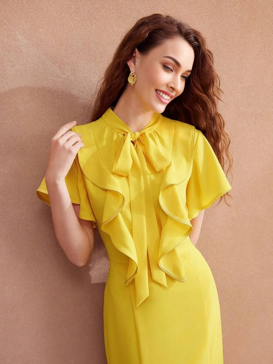 PREMIUM WOVEN TIE NECK RUFFLE TRIM DRESS FOR WOMENSUMMER OUTFITS