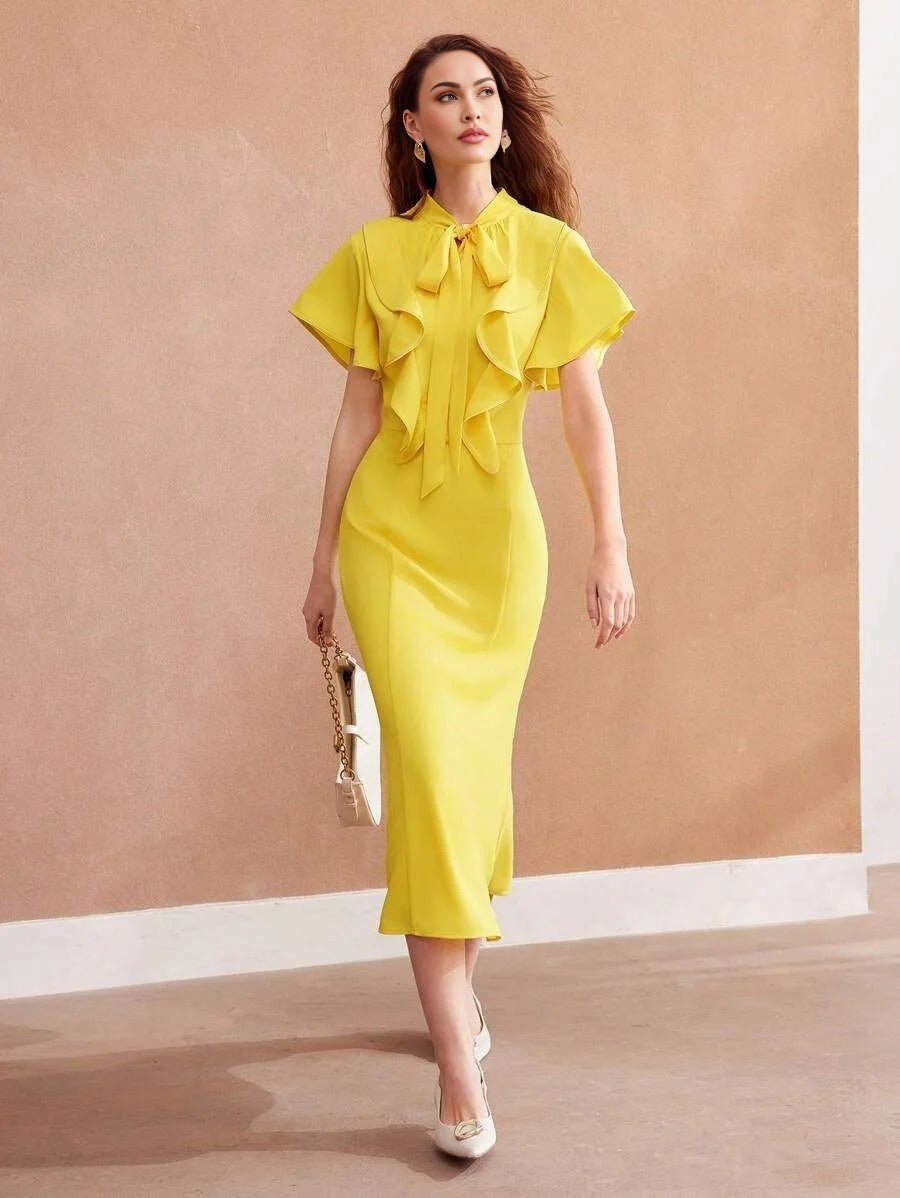 PREMIUM WOVEN TIE NECK RUFFLE TRIM DRESS FOR WOMENSUMMER OUTFITS