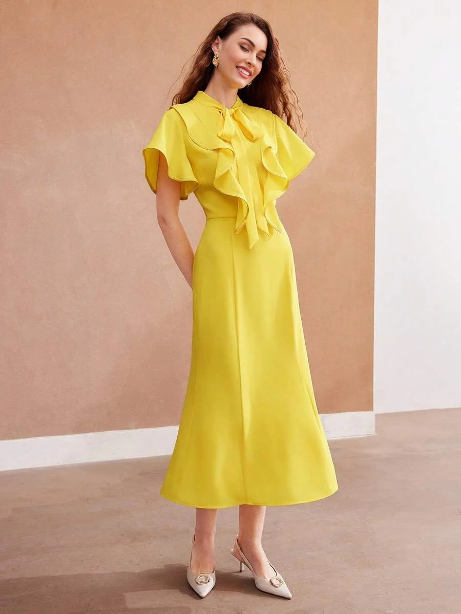 PREMIUM WOVEN TIE NECK RUFFLE TRIM DRESS FOR WOMENSUMMER OUTFITS