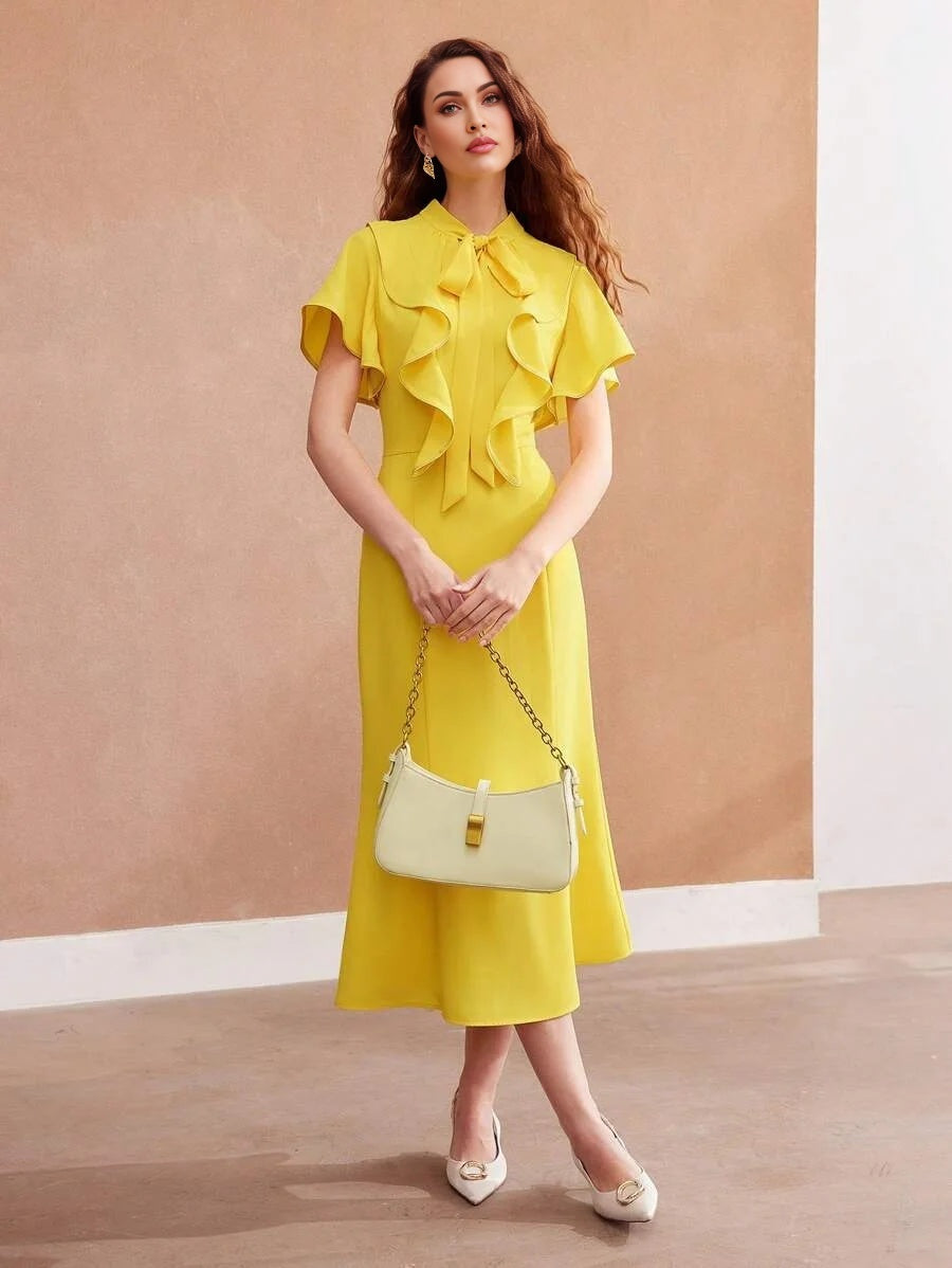 PREMIUM WOVEN TIE NECK RUFFLE TRIM DRESS FOR WOMENSUMMER OUTFITS