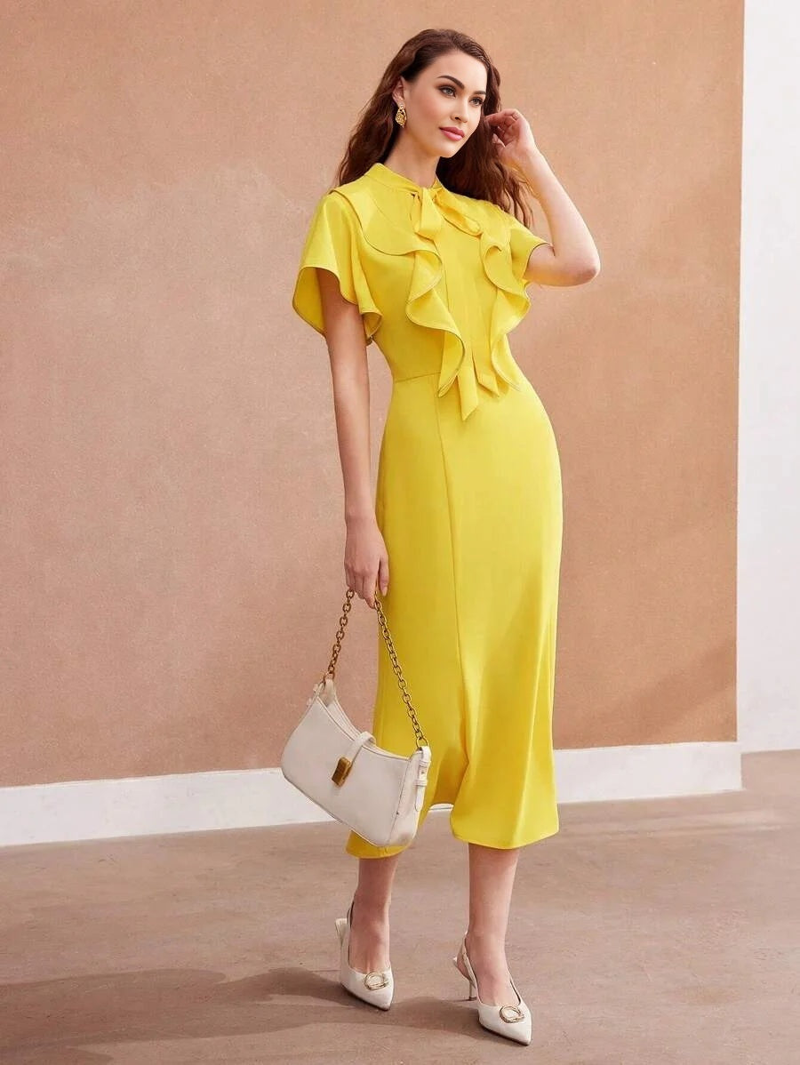 PREMIUM WOVEN TIE NECK RUFFLE TRIM DRESS FOR WOMENSUMMER OUTFITS